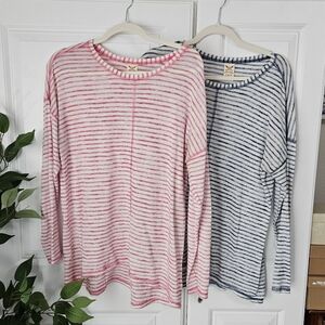 2 Oversized Striped Long Sleeve Tops - Pink and Blue